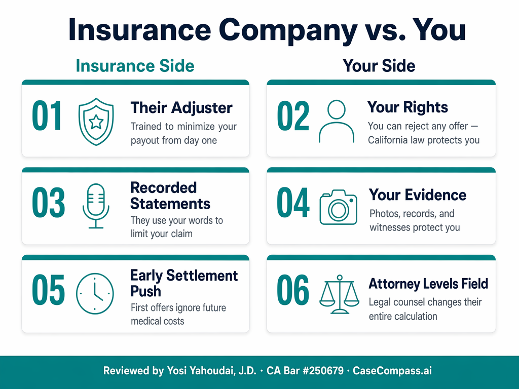 Insurance Company vs. You — what adjusters bring versus what accident victims face, and how a CaseCompass-vetted attorney levels the playing field in California.