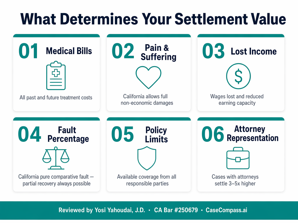 What Determines Your Settlement Value — 6 key factors: medical bills, pain and suffering, lost income, fault percentage, policy limits, and attorney representation in California personal injury claims.