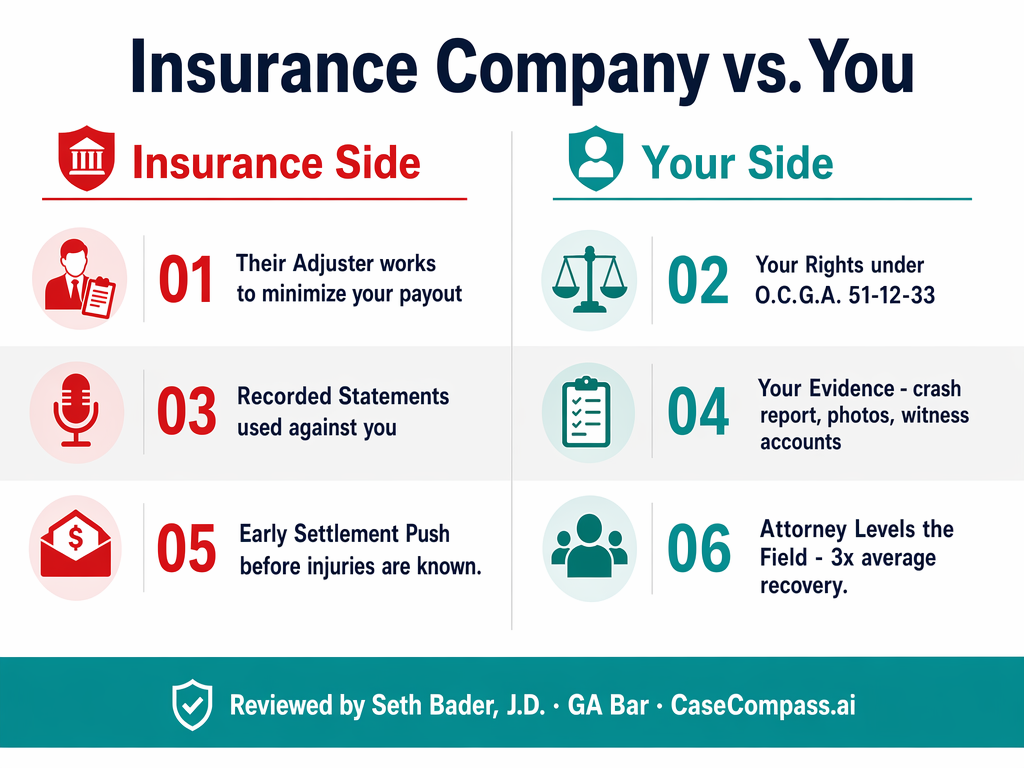 Insurance Company vs. You — what adjusters bring versus what accident victims face, and how a CaseCompass-vetted attorney levels the playing field in Georgia.