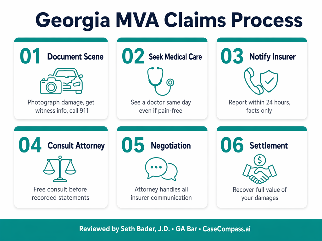 Georgia MVA Claims Process — 6-step guide from documenting the scene to settlement, reviewed by Seth Bader, Bader Law, GA Bar.