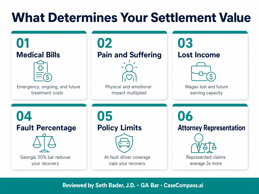What Determines Your Settlement Value — 6 key factors including O.C.G.A. § 51-12-33 modified comparative fault in Georgia personal injury claims.