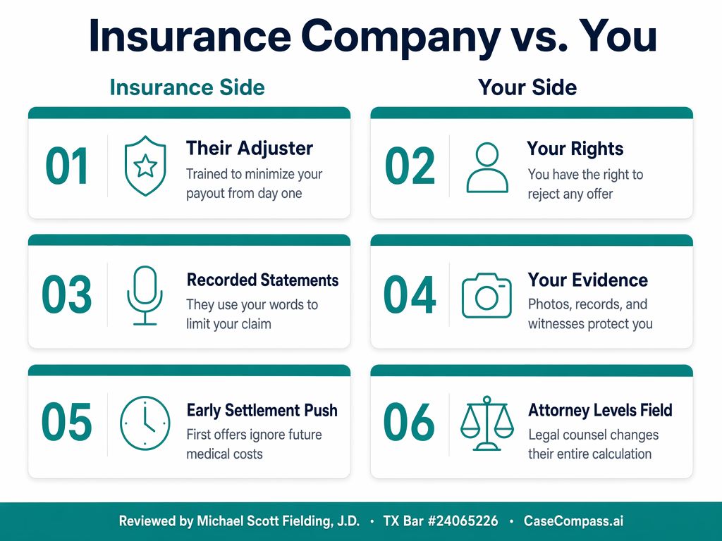 Insurance Company vs. You — what adjusters bring versus what accident victims face, and how a CaseCompass-vetted attorney levels the playing field in Texas.
