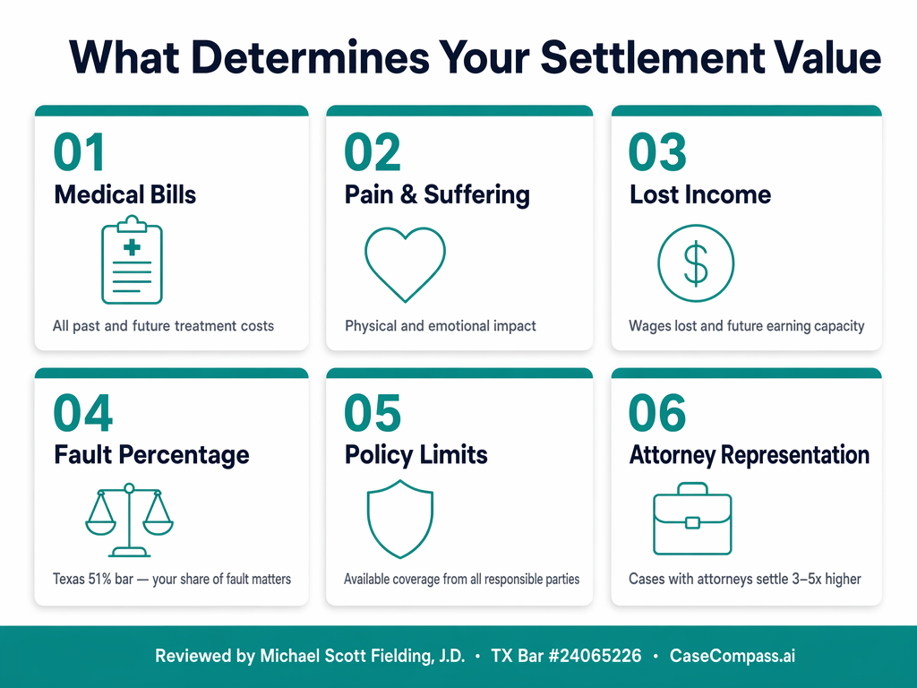 What Determines Your Settlement Value — 6 key factors: medical bills, pain and suffering, lost income, fault percentage, policy limits, and attorney representation in Texas personal injury claims.